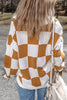 Brown Contrast Checkered Print Button Up Sweater Cardigan