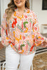 Orange Printed Floral Abstract Print Frilled V Neck Plus Size Blouse