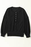 Black Drop Shoulder Henley Buttons Sweatshirt