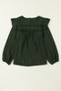 Blackish Green Lace Eyelet Ruffle Shoulder Long Sleeve Blouse