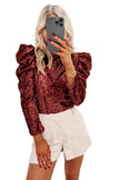 Burgundy Sequin Mock Neck Bubble Sleeve Top