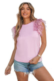 Pink Sequined Ruffle Mesh Sleeves Top