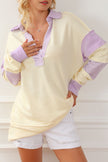 Yellow Colorblock Striped Split Neck Collared Sweatshirt