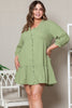 Green Textured Ruffled Buttoned V Neck Plus Size Mini Dress