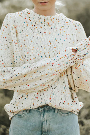 Beige Colorful Dots Cable Knit Crew Neck Sweater