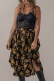 Black Printed Elastic Waist Button Decor Floral Ruffle Skirt