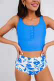 Blue Square Neck Sleeveless Fashion Print Tankini Set