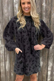 Gray Leopard Pocketed Puff Sleeve Mini Dress