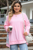 Pink Exposed Seam Leopard Splicing Plus Size Sweatshirt