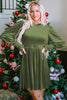 Moss Green Frilled Neck Smocked Bodice Velvet Dress