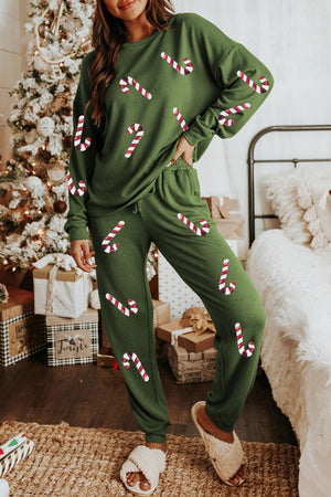 Spinach Green Sequined Christmas Cane Pattern Lounge Sweatsuit