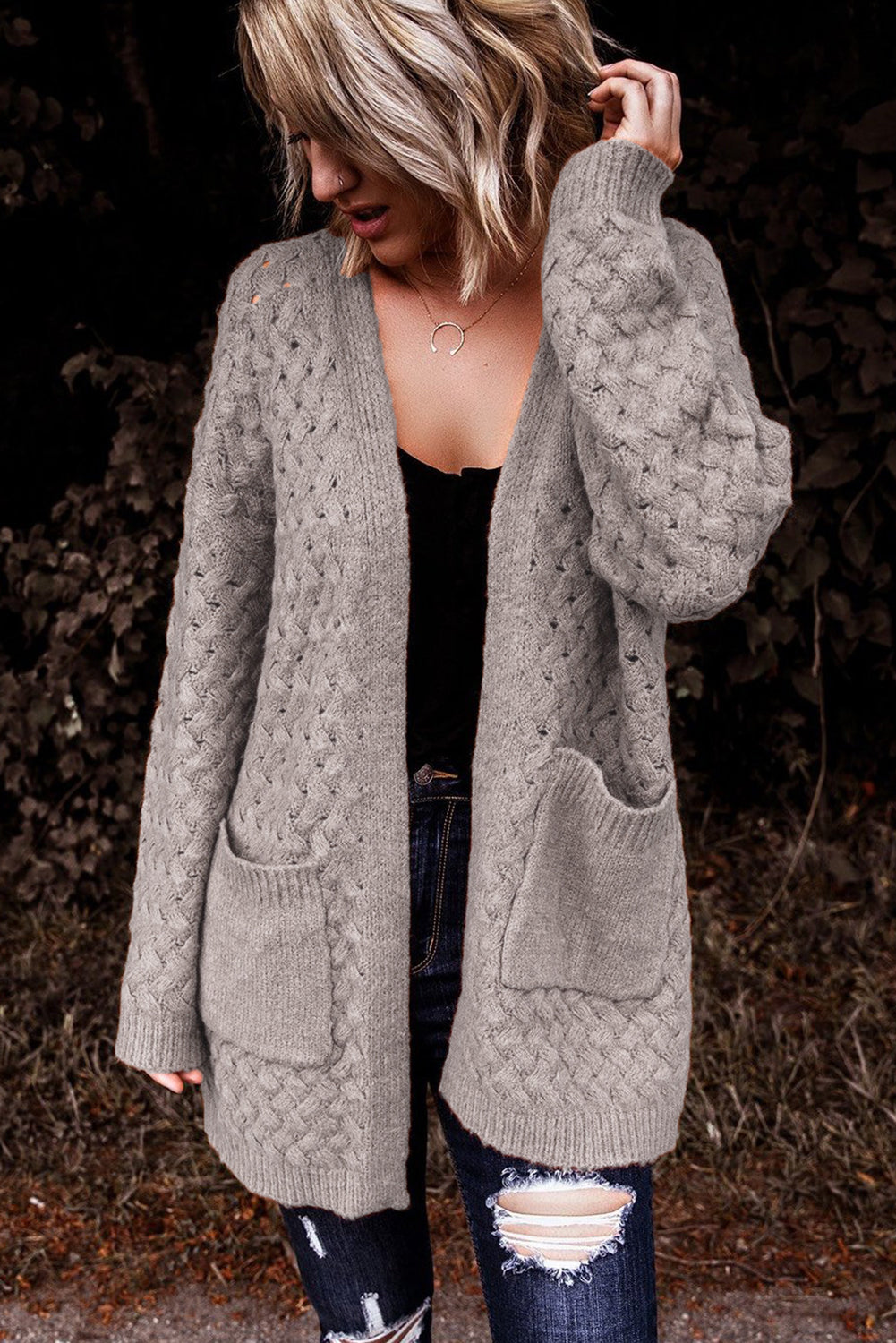 Gray Open Front Woven Texture Knitted Cardigan with Pockets