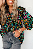 Multicolour Abstract Print 3/4 Puff Sleeve Ruffle Blouse