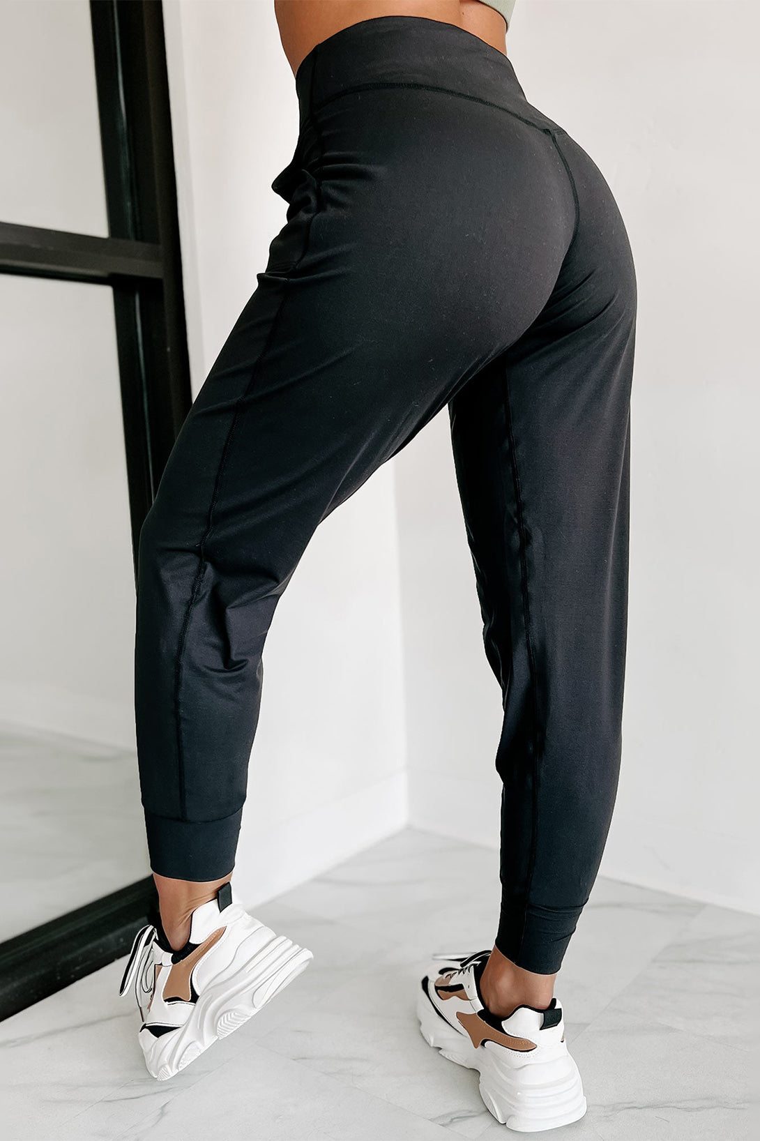 Black Exposed Seam High Waist Pocketed Joggers