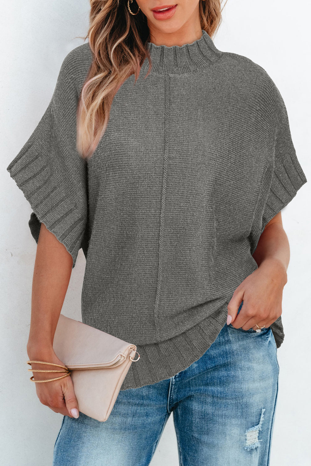 Medium Grey Mock Neck Batwing Short Sleeve Knit Sweater