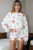 White Floral Long Sleeve Henley Top and Drawstring Shorts Set