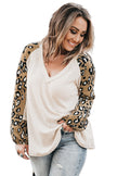 Beige Printed Plus Size Waffle Knit Contrast Leopard Long Sleeve Top