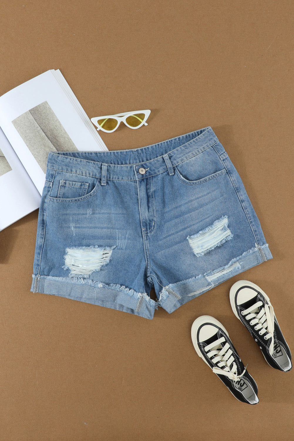 Distressed Ripped Rolled Hem Sky Blue Denim Shorts