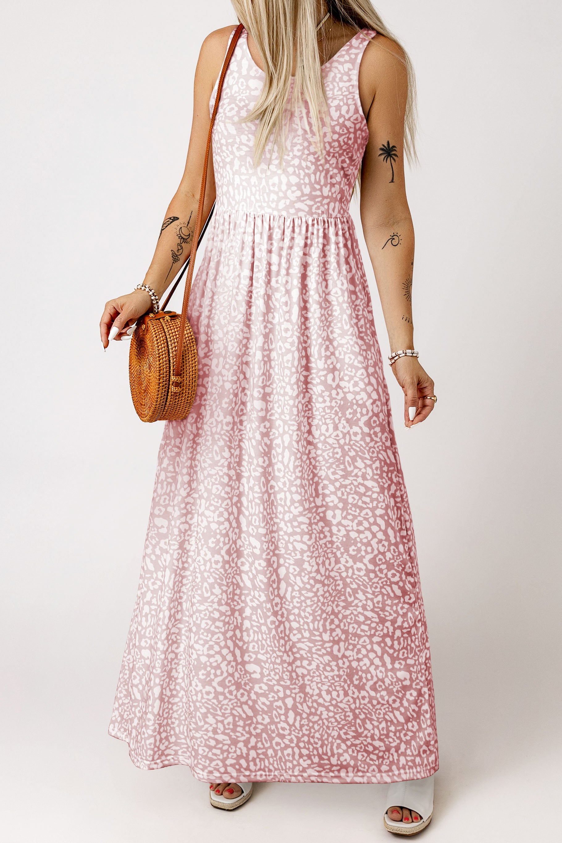 Pink Leopard Print Pocketed Sleeveless Maxi Dress