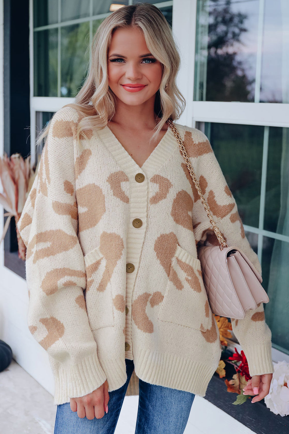 Beige Slouchy Leopard V Neck Buttoned Cardigan