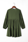 Green Lace Puff Sleeve Buttoned Tiered Ruffled Mini Dress