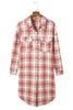 Fiery Red Plaid Print Button Long Shacket