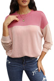 Pink Color Block Long Sleeve Ribbed Loose Top