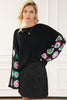 Black Floral Crochet Bell Sleeve Loose Sweater