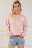 Pink Chenille Daisy Stitching Crew Neck Sweater