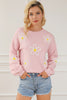 Pink Chenille Daisy Stitching Crew Neck Sweater