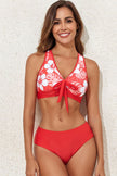 Fiery Red 3pcs Printed Crossed Top and A-line Skirt Bikini Set