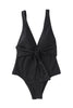 Black Deep V Neck Tie Waist One-piece Swimsuit