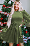 Moss Green Frilled Neck Smocked Bodice Velvet Dress