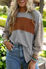 Gray Colorblock Striped Bishop Sleeve Top