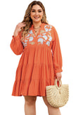 Orange Plus Size Embroidered Tiered Ruffle Dress