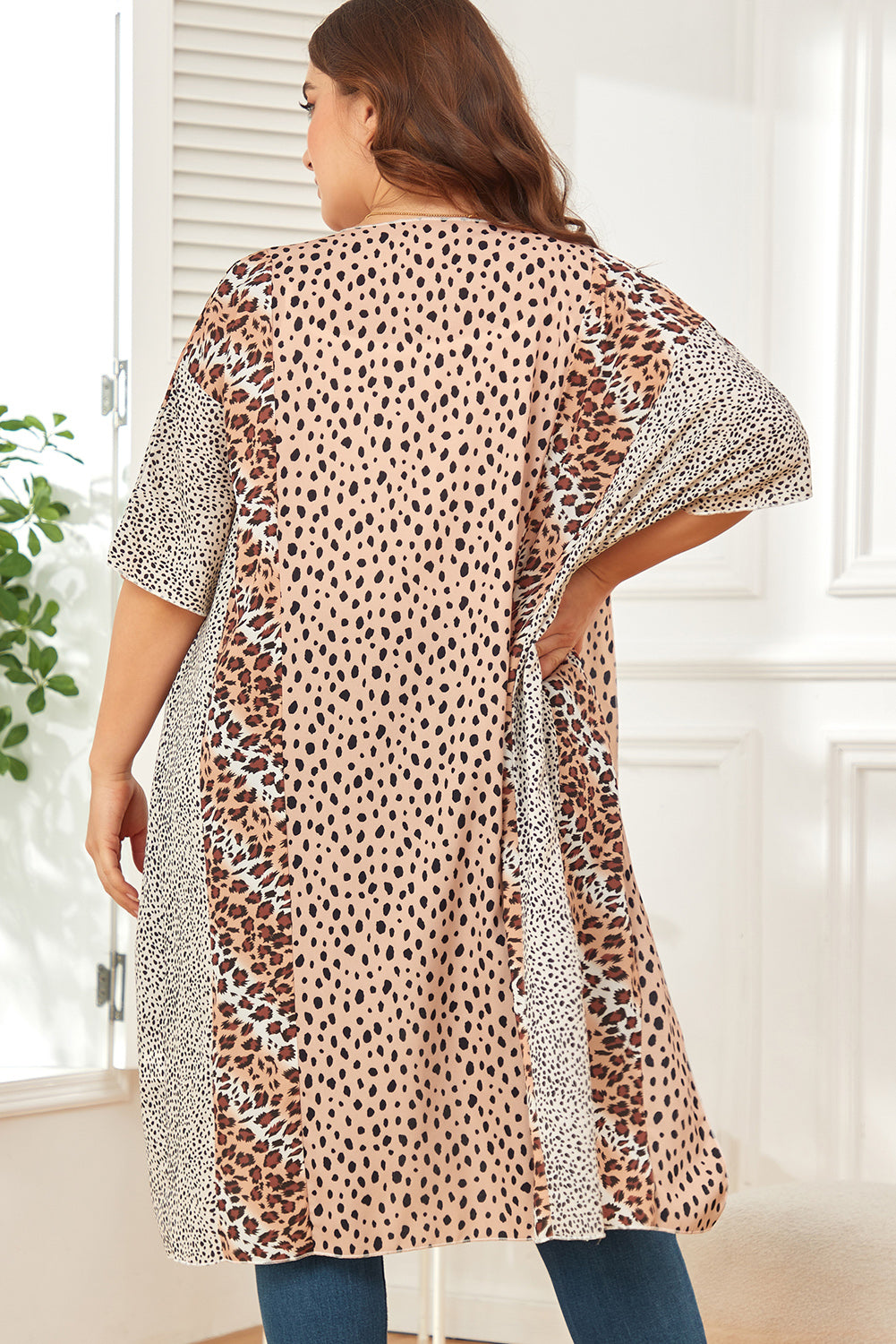 Plus Size Leopard Color Block Flowy Kimono