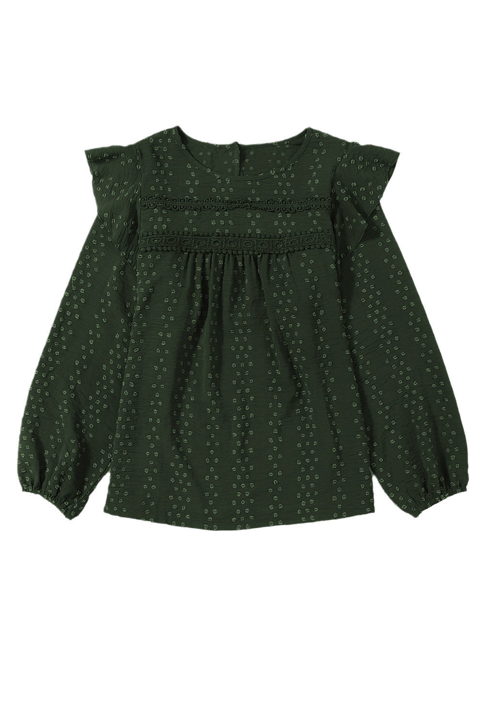 Blackish Green Lace Eyelet Ruffle Shoulder Long Sleeve Blouse