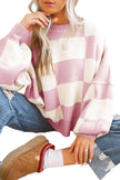 Pink Checkered Bishop Sleeve Sweater