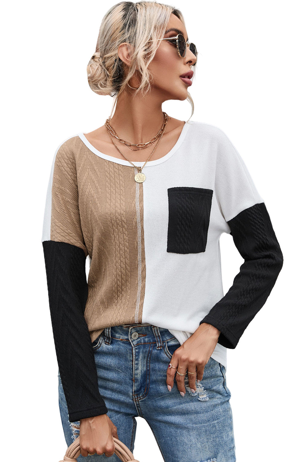 Black Long Sleeve Colorblock Chest Pocket Textured Knit Top