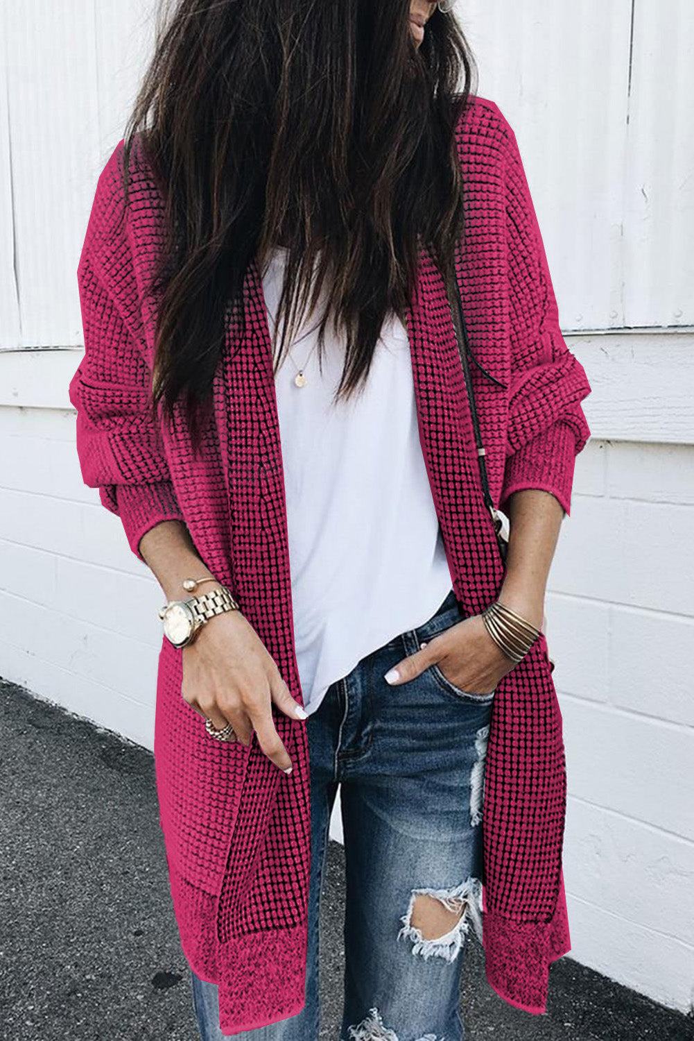 Pink Plaid Knitted Long Open Front Cardigan