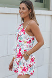 White Floral Single Bubble Sleeve Slant Shoulder Romper