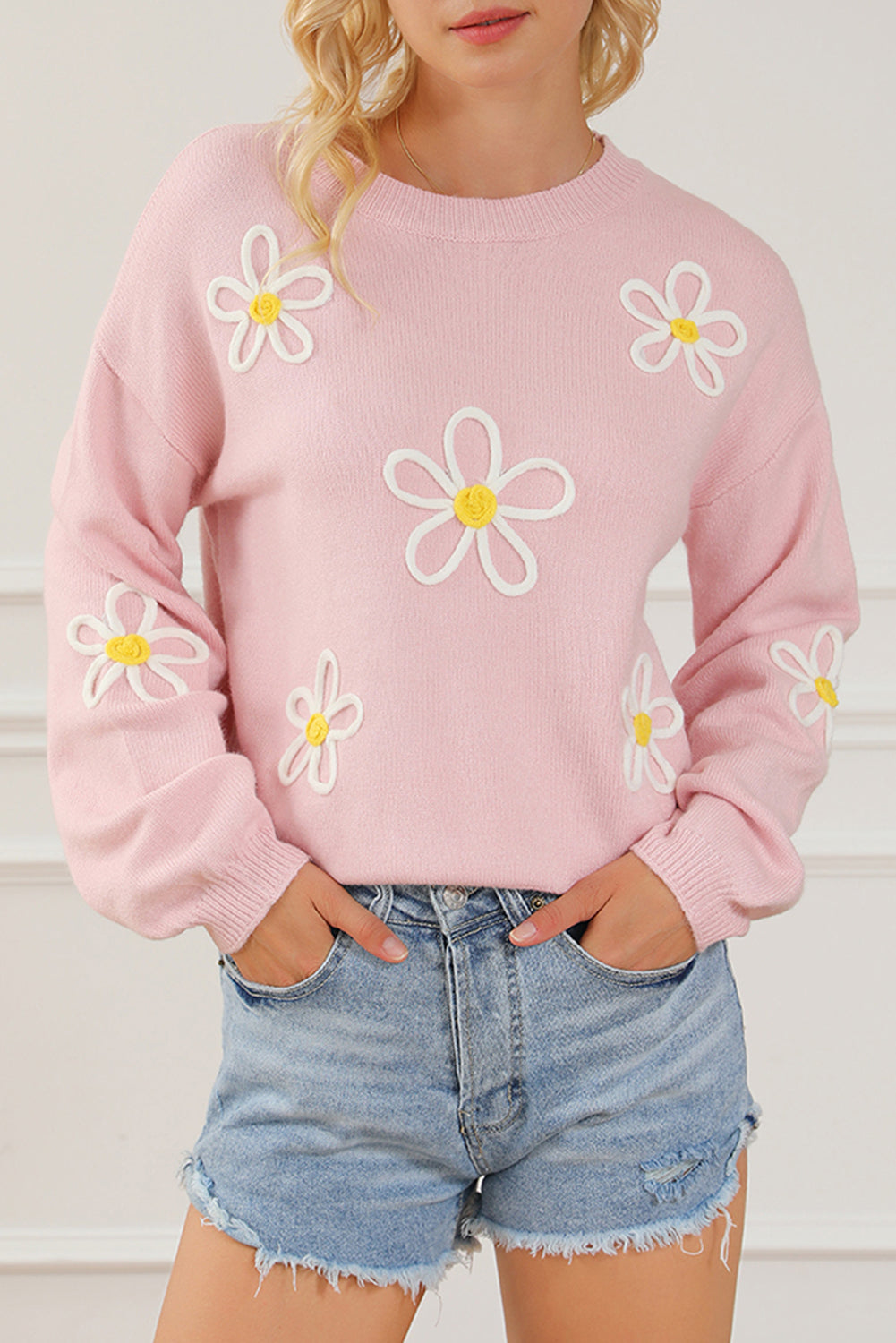 Pink Chenille Daisy Stitching Crew Neck Sweater