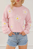 Pink Chenille Daisy Stitching Crew Neck Sweater