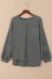 Gray Exposed Seam Patchwork Bubble Sleeve Waffle Knit Top