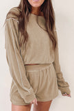 Khaki Piping Trim Long Sleeve Terry Shorts Set