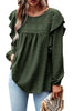 Blackish Green Lace Eyelet Ruffle Shoulder Long Sleeve Blouse