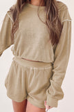 Khaki Piping Trim Long Sleeve Terry Shorts Set