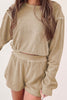 Khaki Piping Trim Long Sleeve Terry Shorts Set