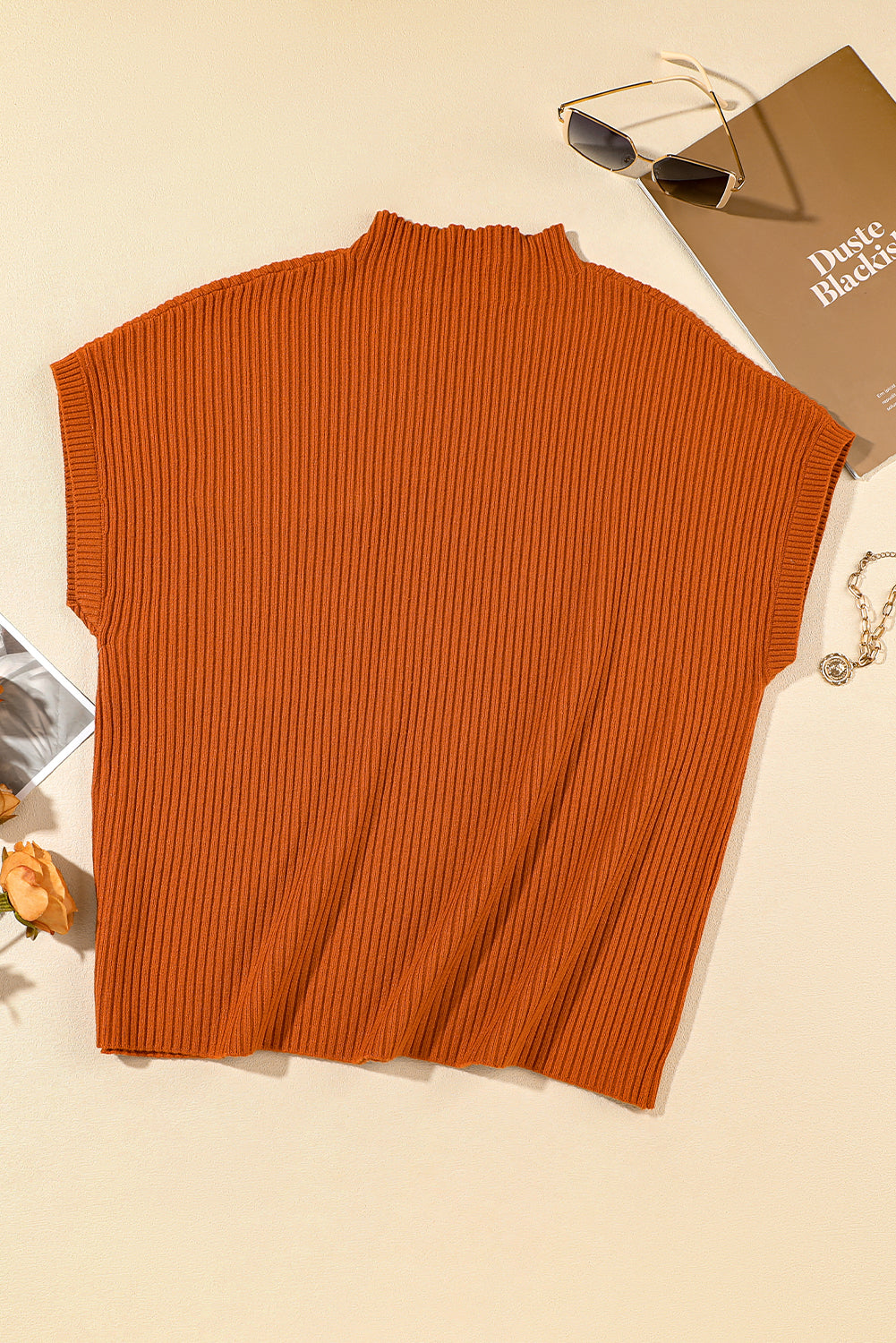 Gold Flame Patch Pocket Ribbed Knit Short Sleeve Sweater