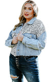 Blue Plus Size Leopard Ripped Cropped Denim Jacket